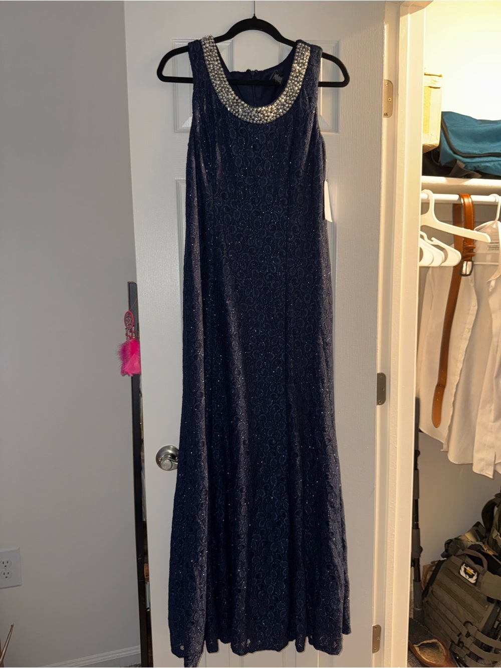 R&M Richards Navy Beaded Scoop Neck Maxi Gown